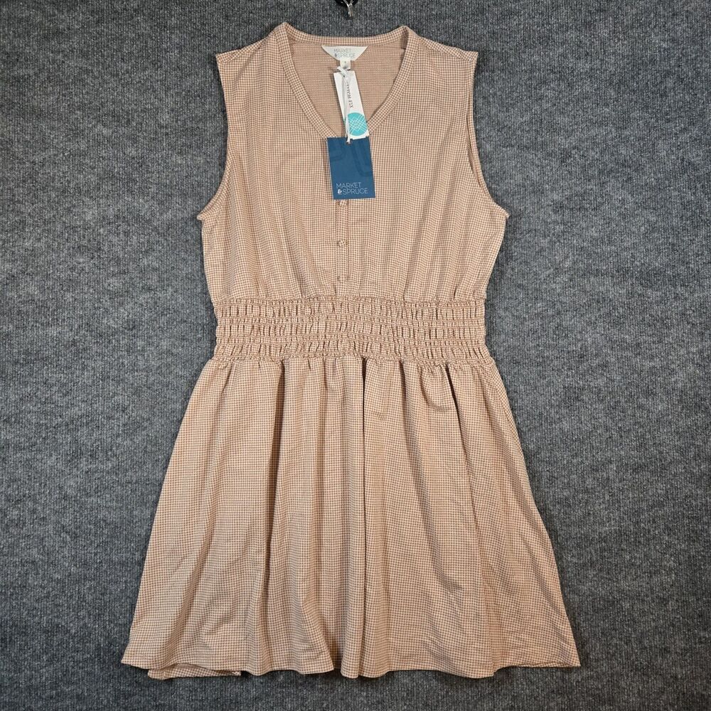 Market & Spruce Dress Womens XL Tan Gingham Smocked Waist Sleeveless Mini NWT